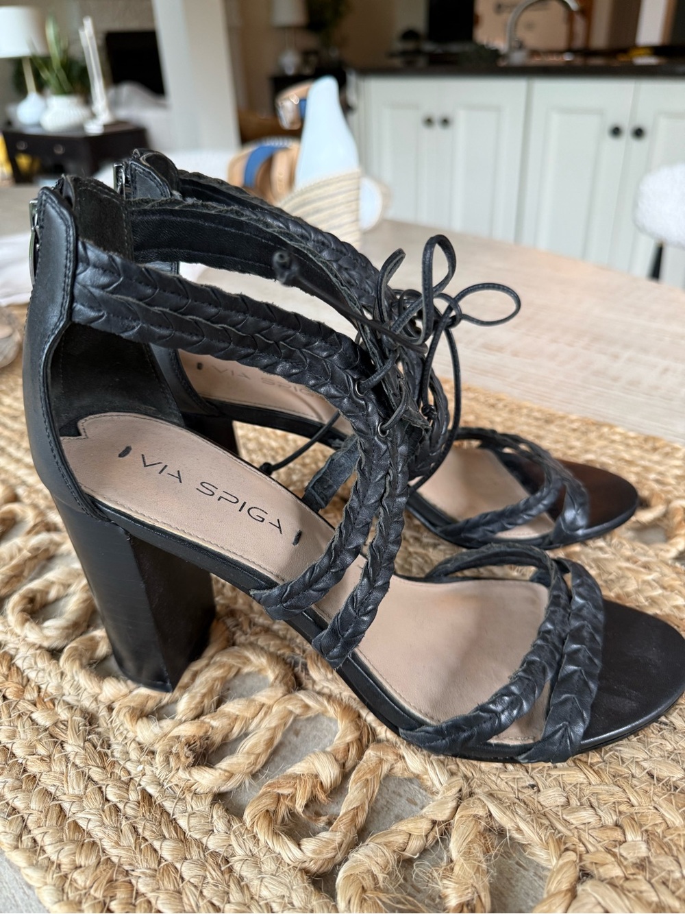 Via Spiga Black Braided Lace-Up Block Heels